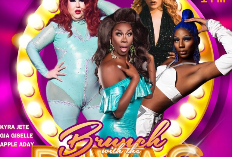 Promotional flyer for 'Brunch with the Divas' at Micky's, 8857 Santa Monica Blvd, West Hollywood, CA, on Saturday, November 23rd at 1 PM. The flyer features four drag performers: one in a teal bodysuit with long red hair, another in a shiny turquoise off-shoulder top, a third in a sparkling black dress with flowing blonde hair, and the fourth in a white outfit with bold blue hair. The event is hosted by Amber Crane, featuring Kyra Jete, Gia Giselle, and Apple Aday. The background is vibrant with purple and yellow lighting elements that resemble stage lights.