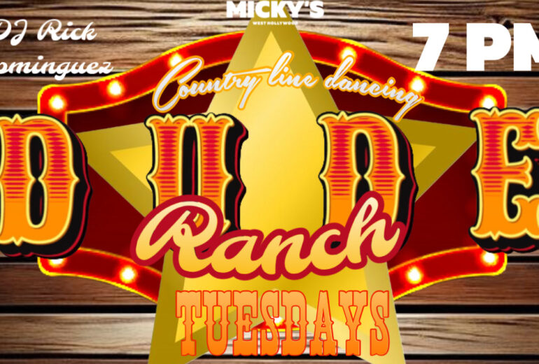 A country-western styled graphic featuring "Dude Ranch" in bold, rustic fonts with bright red accents. The words "Country Line Dancing" in script and "Tuesdays 7 PM" are highlighted, all set against a wooden background with glowing marquee-style lights.