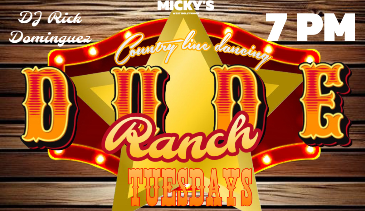 A country-western styled graphic featuring "Dude Ranch" in bold, rustic fonts with bright red accents. The words "Country Line Dancing" in script and "Tuesdays 7 PM" are highlighted, all set against a wooden background with glowing marquee-style lights.