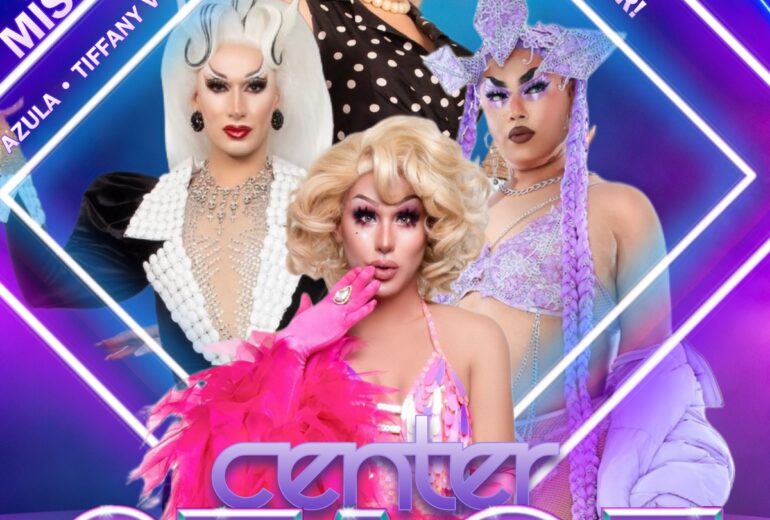 Promotional poster for Center Stage at Micky’s WeHo, featuring four glamorous drag queens: Misty Violet, Azula, Tiffany Vogue, and Lauren Banall. The poster highlights the event date, Saturday, November 16, at 10 PM, with a bold 'No Cover' message. Bright neon colors and a stylish background create an electrifying and glamorous vibe.