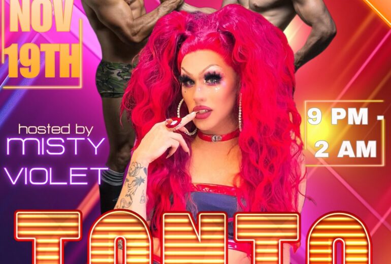 Bright and colorful promotional poster for Tonta Tuesdays at Micky's West Hollywood. Features Misty Violet with vibrant red hair posing confidently in the foreground, flanked by two shirtless male dancers in camo shorts flexing in the background. Text highlights 'No Cover,' '$3 Shots,' and event details: 'Hosted by Misty Violet, Tuesday, November 19th, 9 PM - 2 AM.'