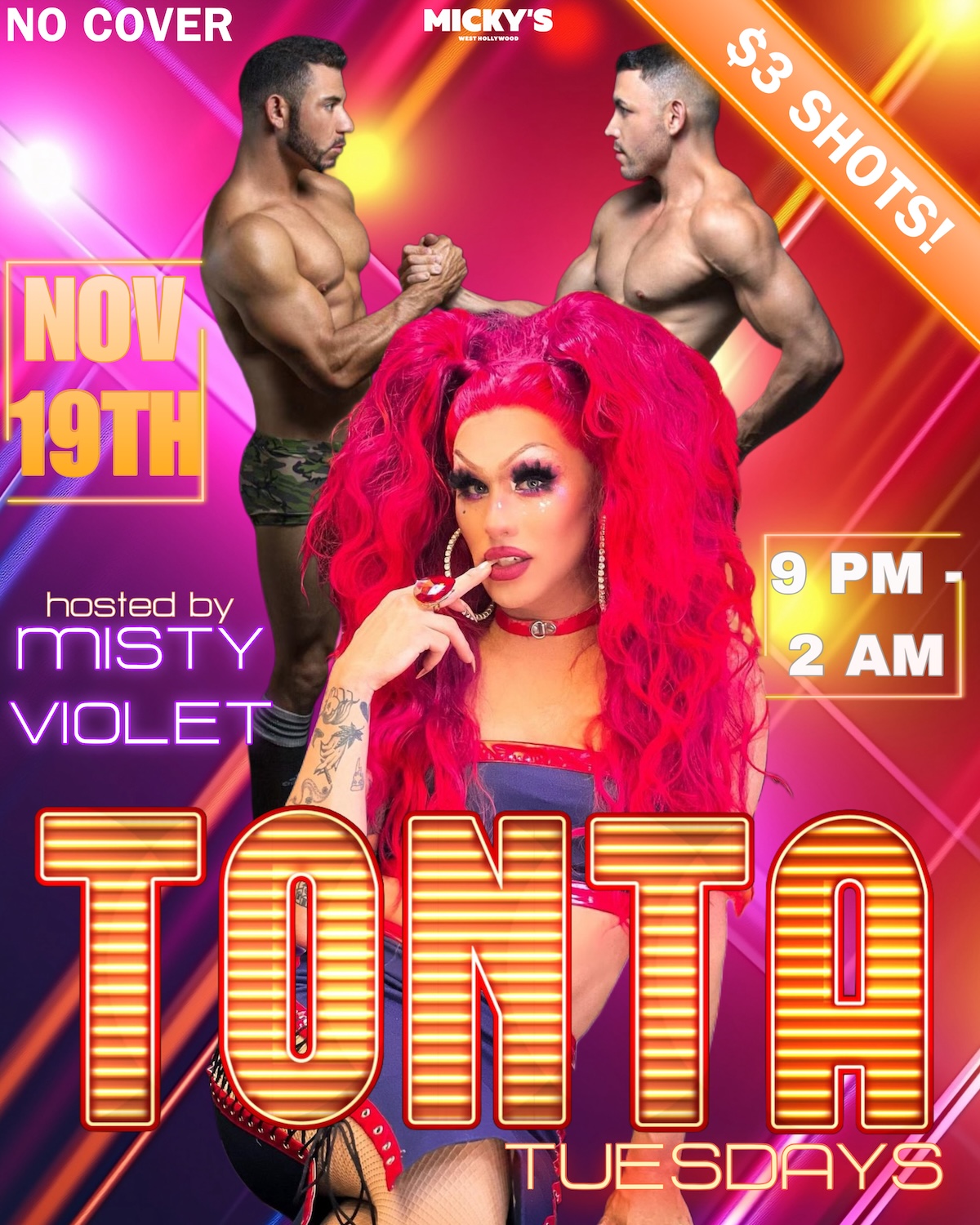 Bright and colorful promotional poster for Tonta Tuesdays at Micky's West Hollywood. Features Misty Violet with vibrant red hair posing confidently in the foreground, flanked by two shirtless male dancers in camo shorts flexing in the background. Text highlights 'No Cover,' '$3 Shots,' and event details: 'Hosted by Misty Violet, Tuesday, November 19th, 9 PM - 2 AM.'