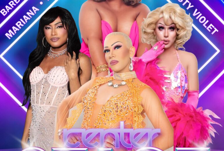 Promotional flyer for 'Center Stage' at Micky's, 8857 Santa Monica Blvd, West Hollywood, CA, on Saturday, November 30th at 8 PM. The flyer features four drag performers: one wearing a pink strapless dress with voluminous curls, another in a white embellished bodysuit with long black hair, a third in a sparkling orange outfit with a shaved head, and the fourth in a pink and white sequin outfit with fluffy pink gloves. The event is hosted by Barbie’s Addiction, featuring Mariana, Big Mamatama, and Misty Violet. The background features neon blue and purple lights, giving a vibrant stage-like feel, with text announcing 'No Cover!'