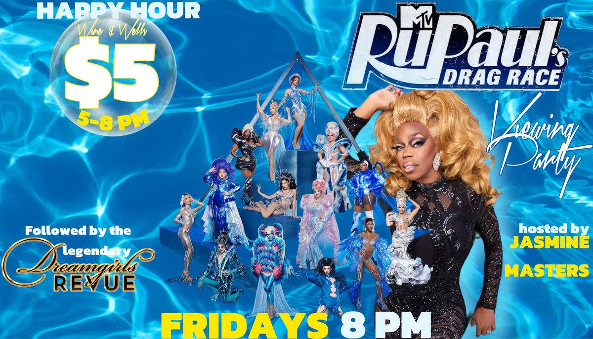 A vibrant graphic promoting a viewing party for RuPaul's Drag Race. The image features the Drag Race logo, a lineup of queens dressed in shimmering silver and blue outfits, and Jasmine Masters, the host, wearing a glamorous black ensemble. The text highlights 