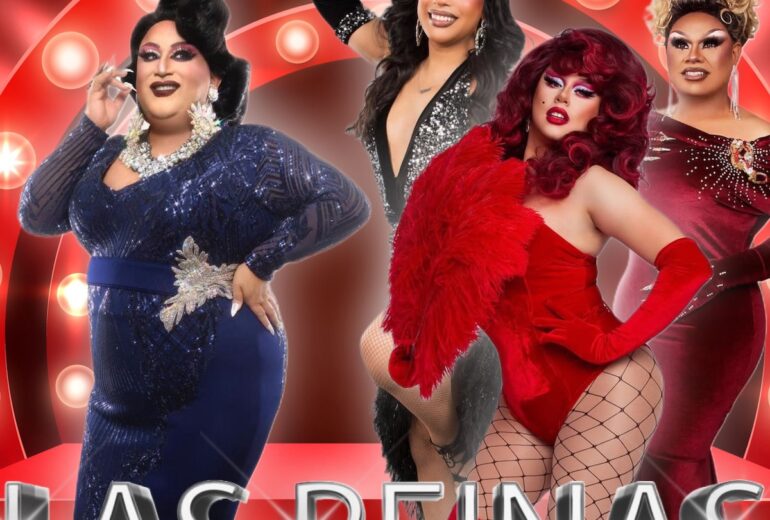 A vibrant promotional poster for "Las Reinas Latin Brunch" at Mickey’s West Hollywood, featuring four glamorous drag performers—Robbie Osa, Marlow the Fish, Azara Sings, and Summer Daze—against a red backdrop with marquee lights. Event details highlight the date (Sunday, December 8th, 1 PM) and emphasize "Bottomless Mimosas, Delicious Food, and Fierce Drag Show.