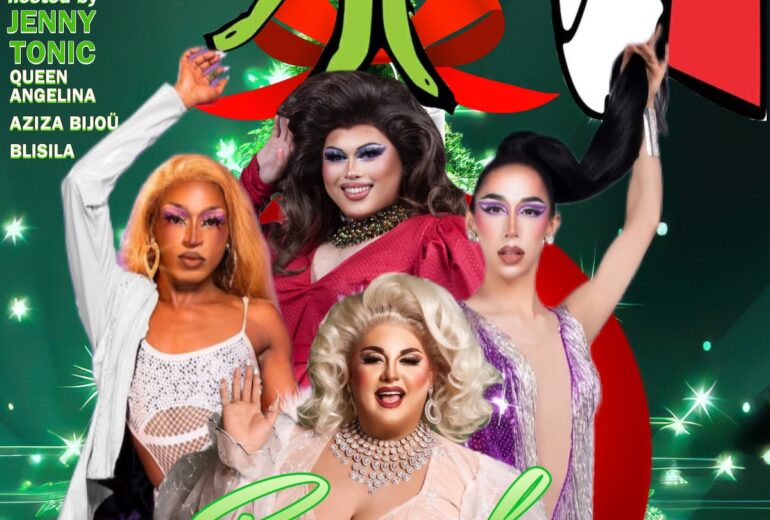 A festive promotional poster for 'Brunch with the Divas,' scheduled for Saturday, December 21st, at 1 PM at Micky's West Hollywood. The poster features four fabulous drag performers—Jenny Tonic, Queen Angelina, Aziza Bijou, and Blisila—posing in glamorous outfits against a holiday-themed backdrop with glowing Christmas lights, a red bow, and a cartoon green hand resembling the Grinch holding a gift. Bold green and white text at the bottom highlights the event offerings: 'Bottomless Mimosas,' 'Fabulous Drag Show,' and 'Delicious Food.' The background radiates a cheerful and festive vibe, perfect for the holiday season.