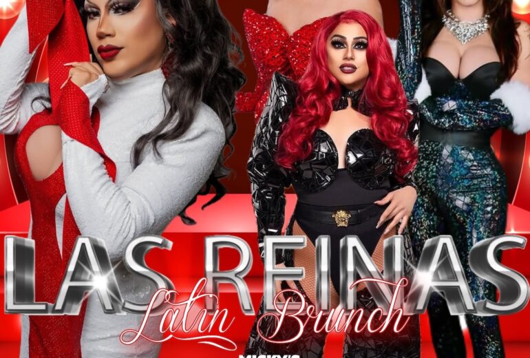 A festive promotional poster for 'Las Reinas Latin Brunch,' happening on Sunday, December 22nd, at 1 PM at Micky's West Hollywood. The poster features four glamorous drag queens—Natasha Hundreds, Paloma McMichaels, Marlow the Fish, and Missy Vee—dressed in vibrant and sparkling holiday-themed outfits. The backdrop is filled with glowing lights and a giant red bow, emphasizing the holiday spirit. A silver ornament graphic highlights the date and time of the event. The bottom text reads: 'A weekly brunch celebrating Latin drag excellence!' in stylish script and bold lettering.