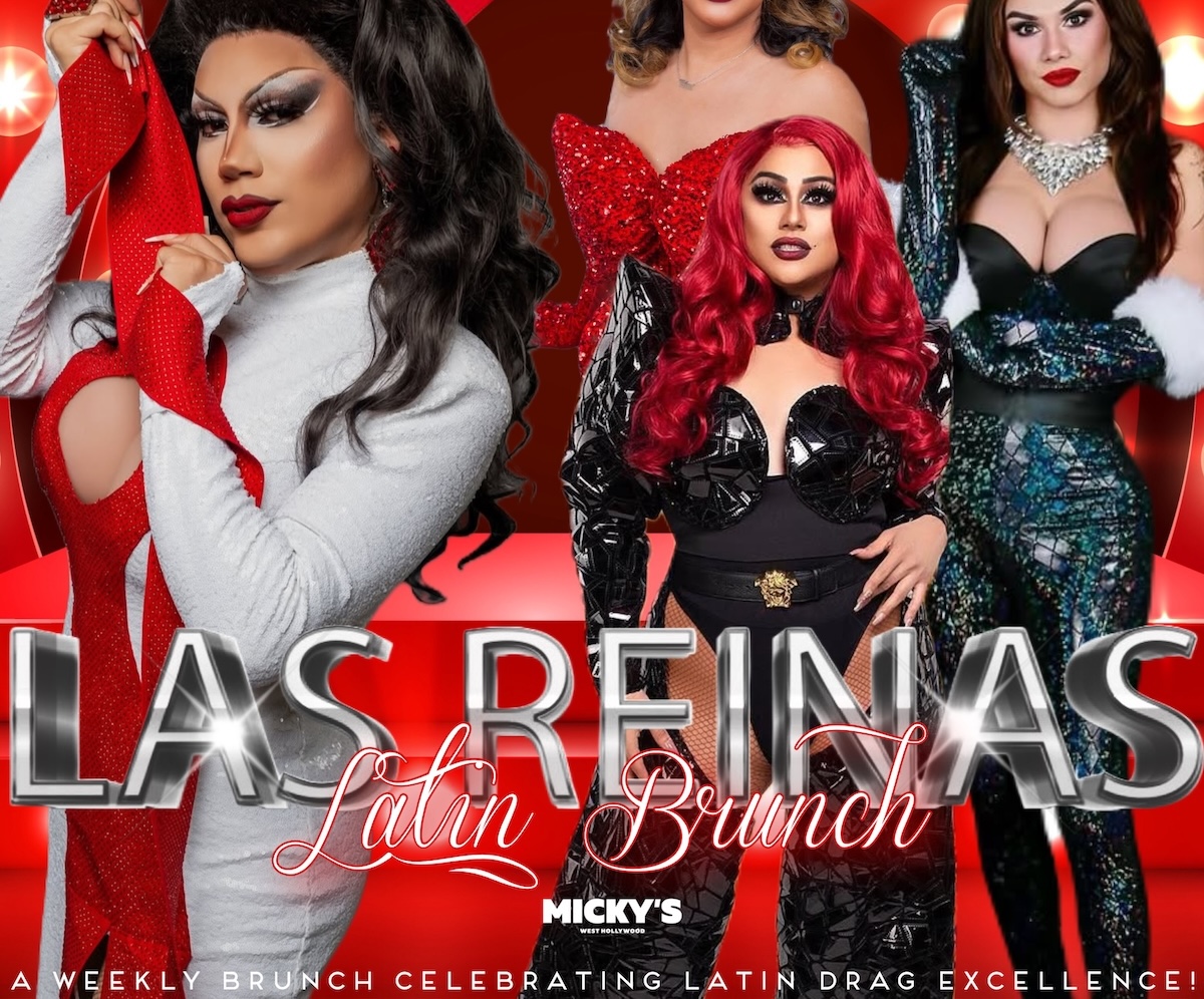 A festive promotional poster for 'Las Reinas Latin Brunch,' happening on Sunday, December 22nd, at 1 PM at Micky's West Hollywood. The poster features four glamorous drag queens—Natasha Hundreds, Paloma McMichaels, Marlow the Fish, and Missy Vee—dressed in vibrant and sparkling holiday-themed outfits. The backdrop is filled with glowing lights and a giant red bow, emphasizing the holiday spirit. A silver ornament graphic highlights the date and time of the event. The bottom text reads: 'A weekly brunch celebrating Latin drag excellence!' in stylish script and bold lettering.