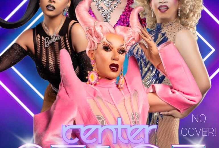 Promotional poster for 'Center Stage' hosted by Tiffany Vogue at Micky's West Hollywood, featuring four drag artists in vibrant, glamorous costumes against a dynamic blue and purple background. Event details include performances by Sabbyiana, Thierry Meisel, Coco D, Baucherry with no cover charge, and the event time, Saturday, January 4th at 8 PM.