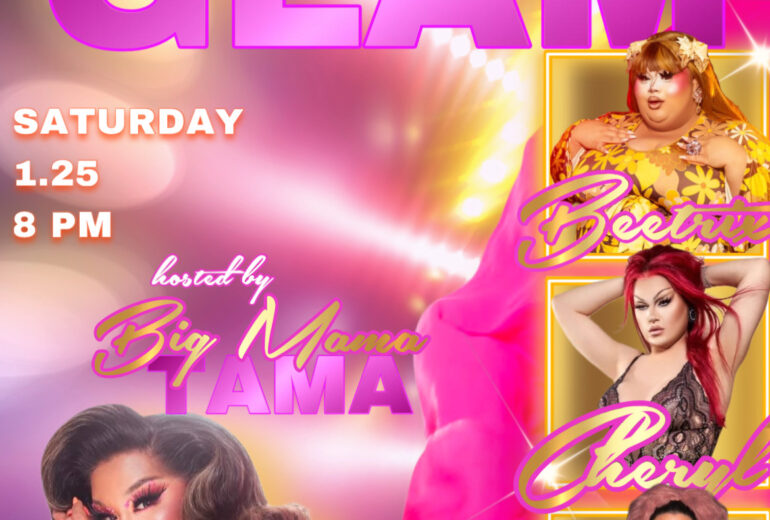 A promotional image for "Honey Glazed Glam" at Micky's West Hollywood on Saturday, January 25th, at 8 PM. The image features a glamorous individual with long blonde hair and a white outfit, set against a sparkly backdrop. Text highlights include the event title, date, time, and location, along with the host "Big Mama Tama".