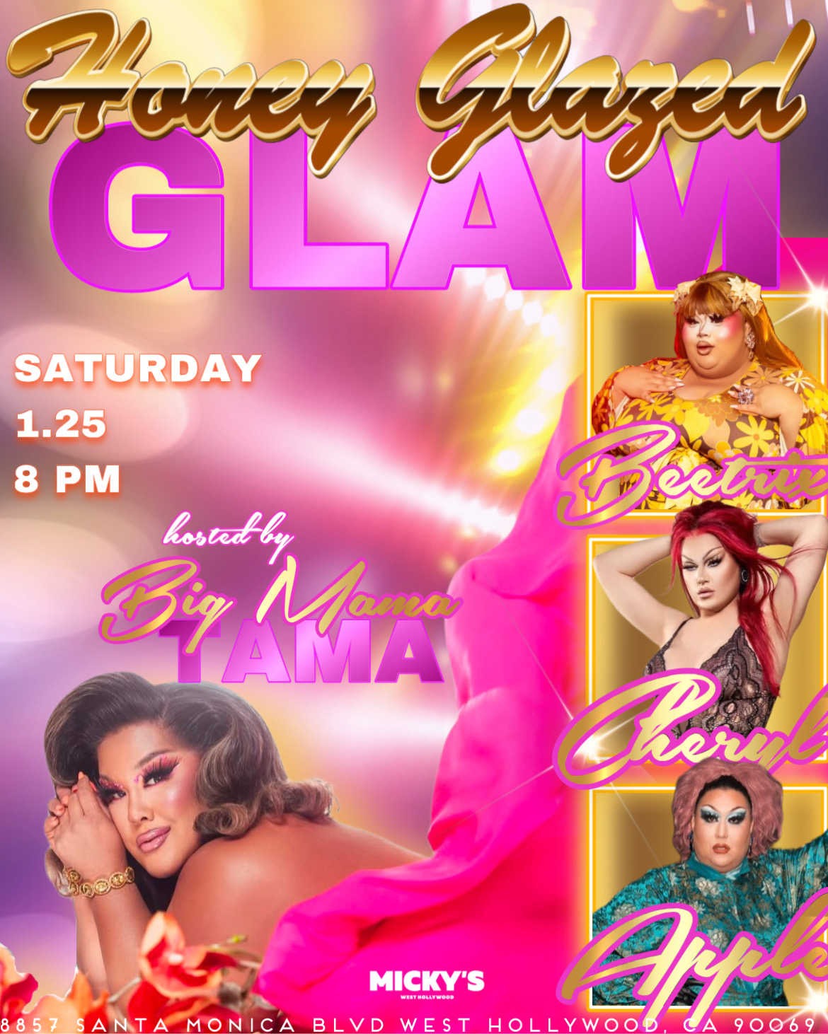 A promotional image for "Honey Glazed Glam" at Micky's West Hollywood on Saturday, January 25th, at 8 PM. The image features a glamorous individual with long blonde hair and a white outfit, set against a sparkly backdrop. Text highlights include the event title, date, time, and location, along with the host "Big Mama Tama".