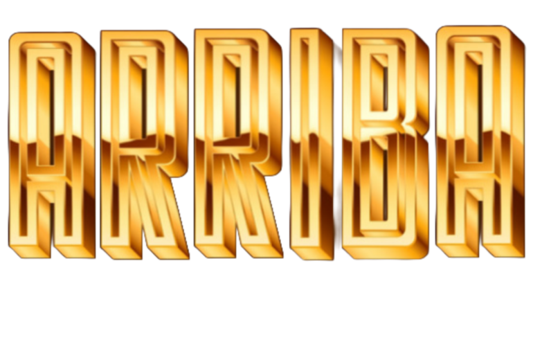 The logo for the "ARRIBA" event in bold, gold 3D letters, stylized to appear as if they are made of shiny, layered gold bars.