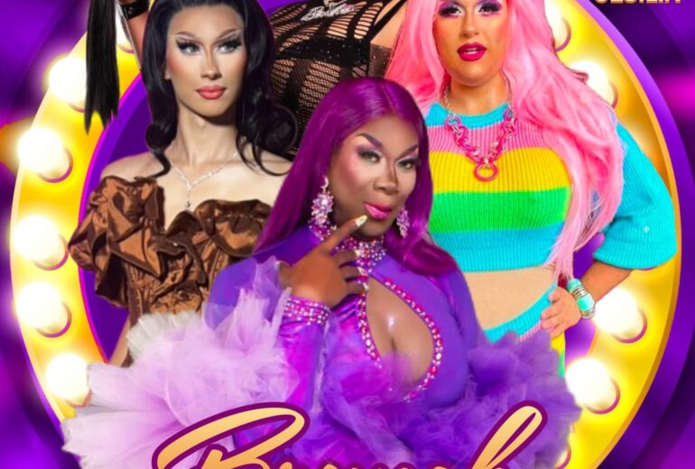 A promotional poster for 'Brunch with the Divas' at Micky's West Hollywood on Saturday, January 25th, at 1 PM. The image features four fabulous drag queens—Amber Crane, Sabbyiana, Bella Spreads, and Cesilia—dressed in glamorous outfits with bold makeup, posing in front of a glowing purple and yellow marquee-style background. The poster highlights 'Bottomless Mimosas,' 'Fabulous Drag Show,' and 'Delicious Food' at the bottom.