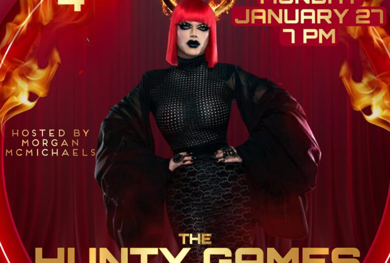 A promotional poster for "The Hunty Games" drag competition at Micky's West Hollywood on Monday, January 27th at 7pm. The poster features a red background with flames and the text "WEEK 4" and "HOSTED BY MORGAN MCMICHAELS". It also includes the event title "THE HUNTY GAMES / DRAG COMPETITION" with the Micky's logo.