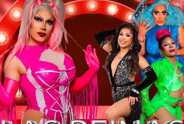 Promotional image for Micky's West Hollywood's Las Reinas Latin Brunch on Sunday, February 9th at 1 PM. The event, hosted by Natasha Hundreds, is described as 'A weekly brunch celebrating Latin drag excellence!' and features performances by Vicky on the Rocks, Marlow the Fish, and Rainy Dayz.