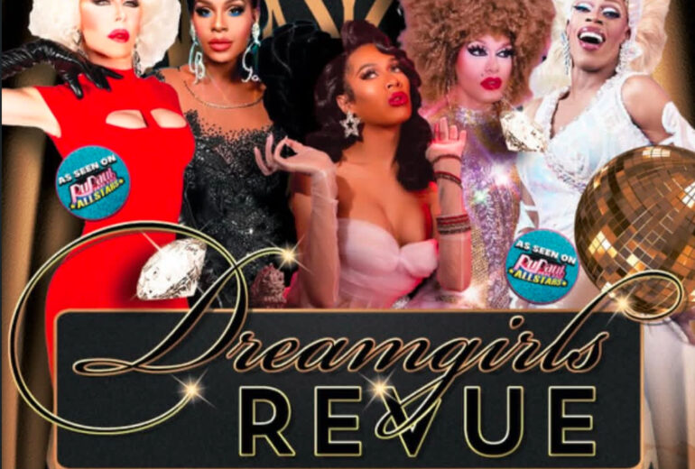 Promotional image for Micky's West Hollywood's Dreamgirls Revue, a drag show on February 7th. The image features the text 'Micky's West Hollywood proudly presents Dreamgirls Revue' in a bold, stylized font. Below, it lists performers including Chad Michaels, Chevelle Brooks, Gia Banks. and Jazmyn Simone Echelon. The show is hosted by Jasmine Masters. The event also includes a RuPaul's Drag Race viewing party at 8 PM and the show starts at 9 PM. The venue is located at 8857 Santa Monica Blvd. West Hollywood. The image also mentions 'As seen on RuPaul's Drag Race' and 'All Stars' next to some of the performer names.