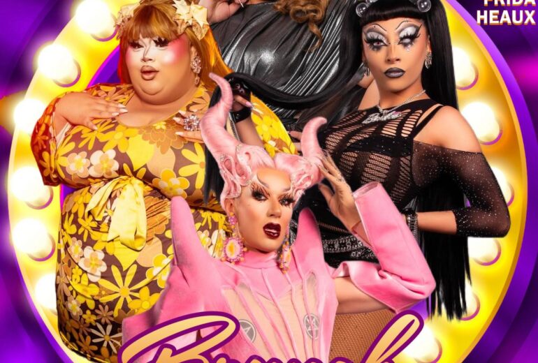 Promotional image for "Brunch With the Divas" at Micky's West Hollywood on Saturday, February 8th at 1 PM. The event is hosted by Tiffany Vogue and features performances by Beetrix Couture, Sabbyiana, and Frida Heaux. The image advertises "Bottomless Mimosas, Fabulous Drag Show, Delicious Food."