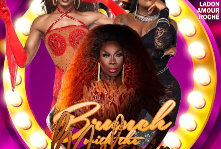 A promotional poster for 'Brunch with the Melanin Divas' at Micky’s West Hollywood, featuring a vibrant lineup of drag queens against a purple and gold backdrop. The event celebrates Black History Month with performances scheduled for Saturday, February 15, at 1 PM.