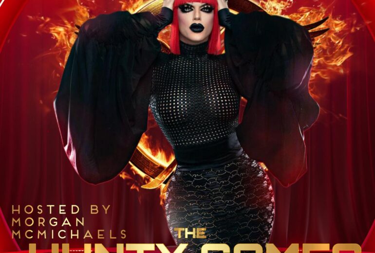 Promotional image for 'The Hunty Games' drag competition at Micky's West Hollywood, featuring host Morgan McMichaels in a dramatic red and black outfit against a fiery background. Event details state the event occurs Mondays at 8 PM.