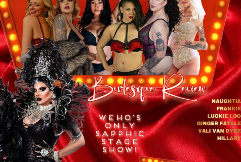 Promotional poster for the 'Ruby Red Room Burlesque Revue' at Micky's West Hollywood, showcasing six diverse performers dressed in glamorous burlesque outfits against a vibrant red and gold backdrop. The event is hosted by Big Dee and is highlighted as WeHo's only sapphic stage show, scheduled for Thursday, February 20th at 7:30 PM.