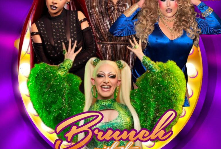 A colorful promotional poster for 'Brunch with the Divas' at Micky’s West Hollywood, featuring four drag performers in vibrant costumes against a purple background with highlights of gold and green. Event details include bottomless mimosas, delicious food, and performances by Karen Beaches, Sabbyiana, Kiko Couture, and Frida Heaux, scheduled for Saturday, Feb 22 at 1 PM.