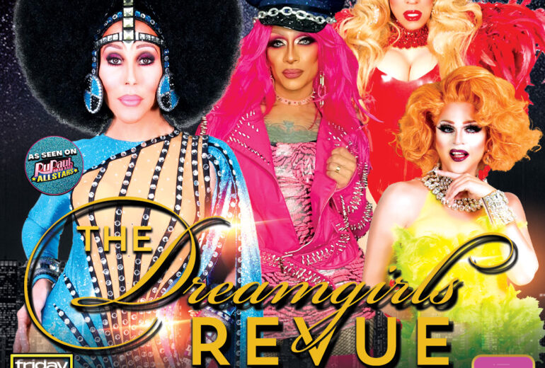 A captivating promotional poster for 'The Dreamgirls Revue' at Micky’s West Hollywood, featuring vibrant portraits of host Chad Michaels, and drag performers Kickxy Vixen, Glen Alen, and Trinna Modelle in extravagant costumes against a cosmic starry background. Event details list February 28th at 9 PM, located at 8857 Santa Monica Blvd, West Hollywood, CA.