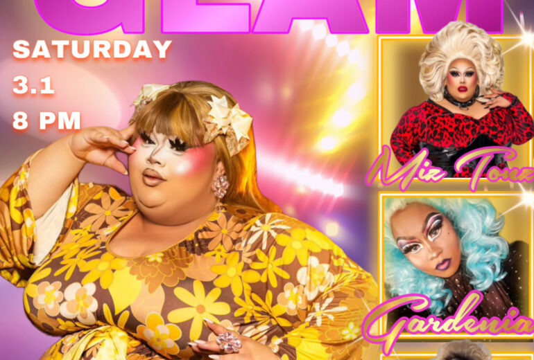 A promotional poster for 'Honey Glazed Glam' at Micky’s West Hollywood, featuring three drag performers: Beetrix Couture in a striking yellow floral dress, Miz Tonz in a red shimmering outfit, Gardenia in a blue and teal ensemble, and Kiko in a glamorous outfit. The event takes place on Saturday, March 1st at 8 PM, spotlighting these artists against a vibrant pink and golden background.