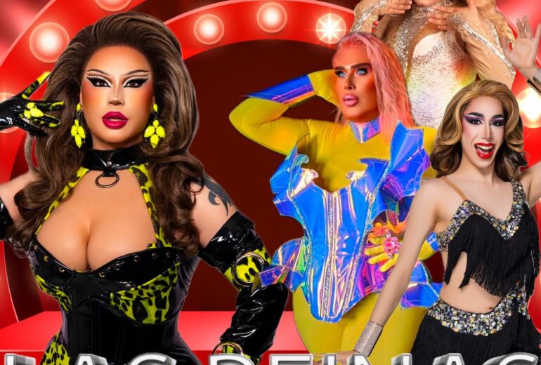 Promotional poster for 'Las Reinas Latin Brunch' at Micky's West Hollywood, featuring drag performers Queen Angelina, Rainy Dayz, and La Chiquis in vibrant, elaborate costumes against a red spotlight background. Hosted by Reina, the event celebrates Latin drag excellence, occurring on Sunday, March 2, at 1 PM.