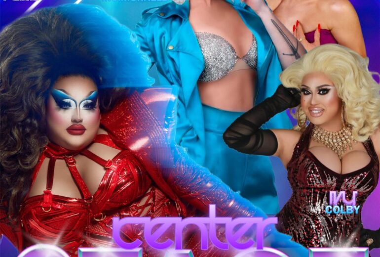 Promotional poster for 'Center Stage' at Micky’s West Hollywood, featuring drag performers Mistress Isabelle Brooks in sparkling red attire, Morgan McMichaels in blue with silver glimmer, and Vivienne Vida in elegant black and red, alongside Ivy Colby in pink and blonde style. Event details include the date, March 8th, at 8 PM.