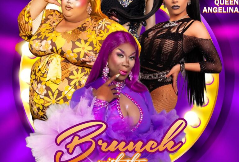 Promotional poster for 'Brunch with the Divas' at Micky’s West Hollywood, featuring diverse and glamorous drag performers in vibrant attire. Highlights include host Amber Crane, and performers Sabbyiana, Beetrix Couture, and Queen Angelina, with details like bottomless mimosas, delicious food, and the event time on Saturday, March 8 at 1 PM.