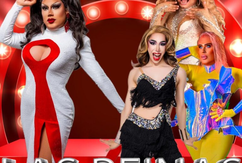 A promotional poster for 'Las Reinas Latin Brunch' at Micky’s West Hollywood featuring drag performers Queen Angelina, Rainy Dayz, and La Chiquis with host Natasha Hundreds, against a backdrop of glowing red circles. Event details include the date Sunday, March 9th from 1 PM to 4 PM.