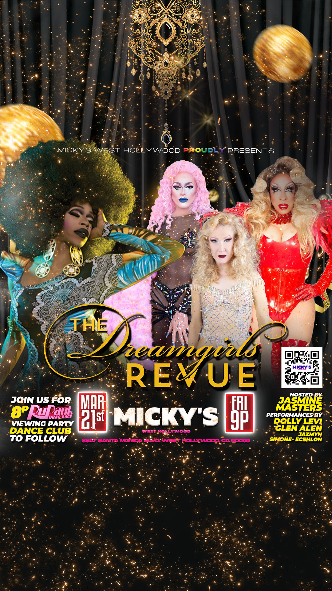 Promotional poster for 'The Dreamgirls Revue' at Micky's West Hollywood, showing a vibrant display of drag artists in glamorous, shimmering costumes under ornate golden designs and a sparkle-filled background. Event hosted by Jasmine Masters on Friday, March 21st at 9 PM, featuring performances by Dolly Levi, Glen Allen, and Jazmyn Simone-Echelon.