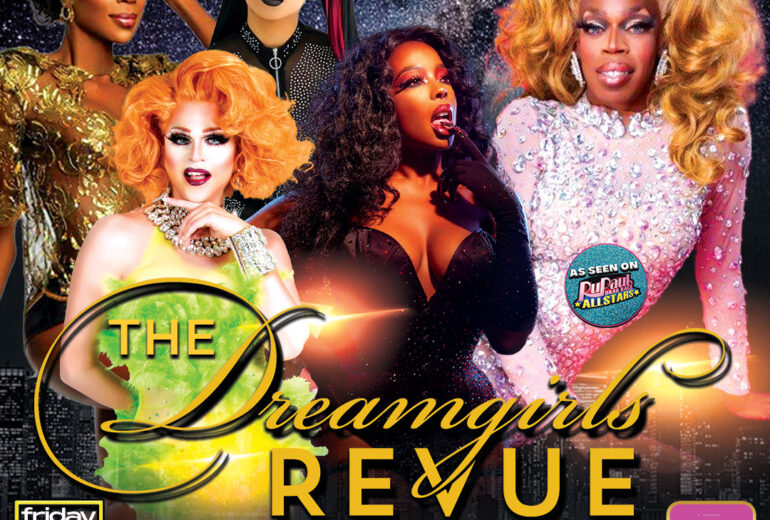 A promotional poster for 'The Dreamgirls Revue' at Micky’s West Hollywood, featuring dazzling drag performers against a starry night backdrop. Hosted by Jasmine Masters with performances by EppiPhany Kali, Sabbyiana, Jessabelle Thunder, and Trinna Modelle on Friday, March 28th at 9 PM. The venue address is 8857 Santa Monica Blvd, West Hollywood, CA 90069.