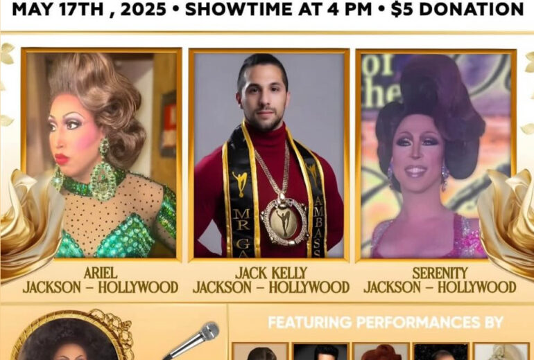 Promotional poster for 'The Road to Nationals - Benefit Drag Show' at Micky's West Hollywood on May 17th, 2025. The poster features performers Ariel Jackson-Hollywood, Jack Kelly Jackson-Hollywood, Serenity Jackson-Hollywood among others, with a special mention of the host, Krystal Jackson-Hollywood. The event includes beverages and drag show performances, beginning at 4 PM for a $5 donation, located at 8857 Santa Monica Blvd.