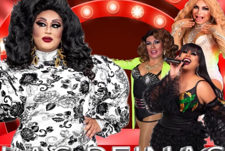 Promotional poster for 'Las Reinas Latin Brunch' at Micky's West Hollywood, featuring the host Robbie Osa in elaborate black and white attire, alongside performers Missy Vee, La Chiquis, and Amazona Aldama in vibrant costumes against a backdrop of bright red lights and spotlights. Event details include date on Sunday, May 4th at 1 PM.