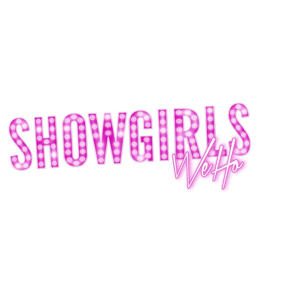 Logo for 'Showgirls WeHo' event at Micky's West Hollywood, showcasing a stylized text design with 'Showgirls' in pink and 'WeHo' in purple, both adorned with glowing purple light bulbs on a dark background.