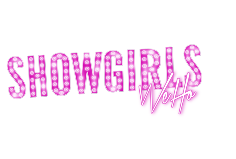 Logo for 'Showgirls WeHo' event at Micky's West Hollywood, showcasing a stylized text design with 'Showgirls' in pink and 'WeHo' in purple, both adorned with glowing purple light bulbs on a dark background.