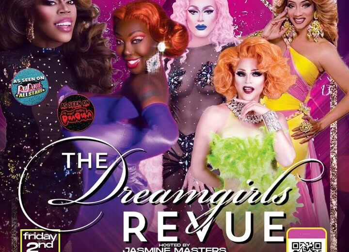 Promotional poster for 'The Dreamgirls Revue' at Micky's West Hollywood, featuring glamorous drag queens Jasmine Masters, Fantasia Royale Gaga, Jazmyn Simone, Trinna Modelle, and Fontasia L'Amour in vibrant costumes. The event details note it will occur on Friday, May 2nd at 9 PM, highlighted by a striking purple background with a QR code for ticketing.