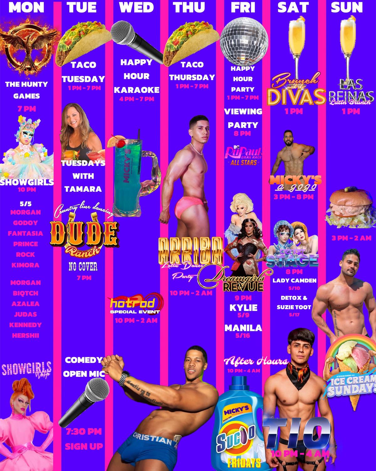 mickys-weekly-events-jpg A bright and colorful promotional calendar for Micky's West Hollywood showing a weekly lineup. Wednesday features 'Happy Hour Karaoke' from 4 PM to 7 PM, illustrated with a microphone icon. The background is vivid purple with various event icons and text detailing other daily events and specials.