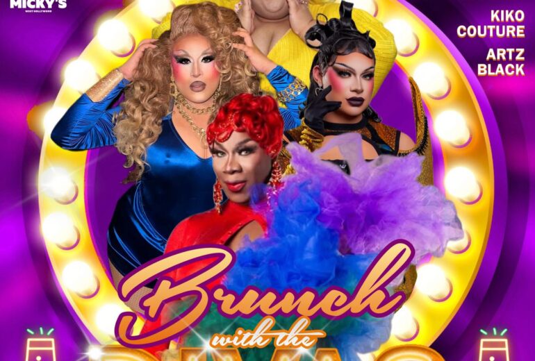 A promotional image for 'Brunch with the Divas' at Micky's West Hollywood on May 10 at 1 PM. The poster features host Amber Crane, and drag performers Beetrix Couture, Kiko Couture, and Artz Black in colorful attire against a vibrant, purple-yellow gradient background, highlighted by a neon light border and champagne glass icon.