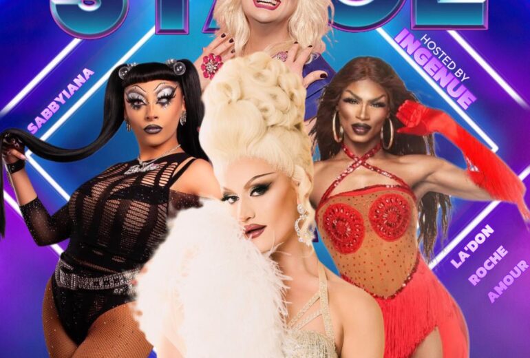 A vibrant and energetic promotional image for 'Center Stage' featuring Lady Camden as the special guest, along with performers Sabbyiana and La'Don Roche Amour in glamorous drag attire, hosted by Ingenue. The event is on Saturday, May 10, at 8 PM, at Micky's West Hollywood.