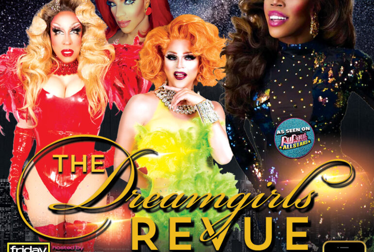 Promotional poster for 'The Dreamgirls Revue' at Micky’s West Hollywood featuring Jasmine Masters in vibrant red attire, Cameron Nico, Glen Alen, and Trinna Modelle, set against a dark sky filled with stars. The event includes a viewing party for RuPaul's Drag Race All-Stars at 8 PM followed by the main show at 9 PM on Friday, May 23rd, 2025 at 8857 Santa Monica Blvd.