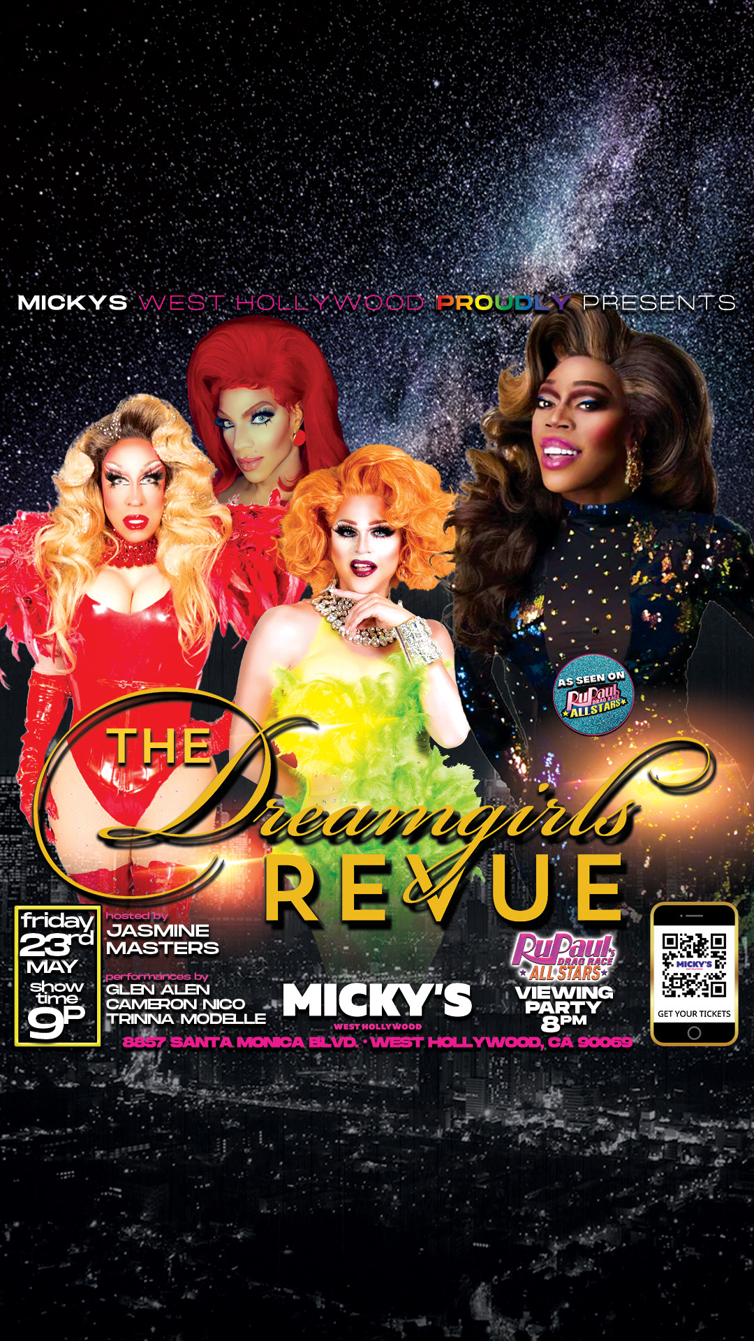 Promotional poster for 'The Dreamgirls Revue' at Micky’s West Hollywood featuring Jasmine Masters in vibrant red attire, Cameron Nico, Glen Alen, and Trinna Modelle, set against a dark sky filled with stars. The event includes a viewing party for RuPaul's Drag Race All-Stars at 8 PM followed by the main show at 9 PM on Friday, May 23rd, 2025 at 8857 Santa Monica Blvd.