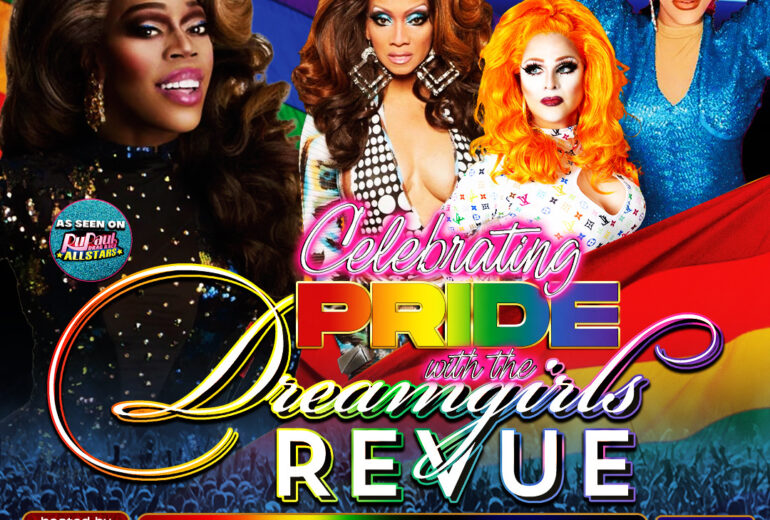 A vivid promotional poster for 'Celebrating Pride with the Dreamgirls Revue' at Micky's West Hollywood, showcasing a lineup of drag performers against a rainbow and neon backdrop. The event includes a RuPaul's Drag Race viewing party at 8 PM followed by the main show at 9 PM on May 30th. Located at 8857 Santa Monica Blvd, West Hollywood, CA 90069, details include QR code for ticketing.