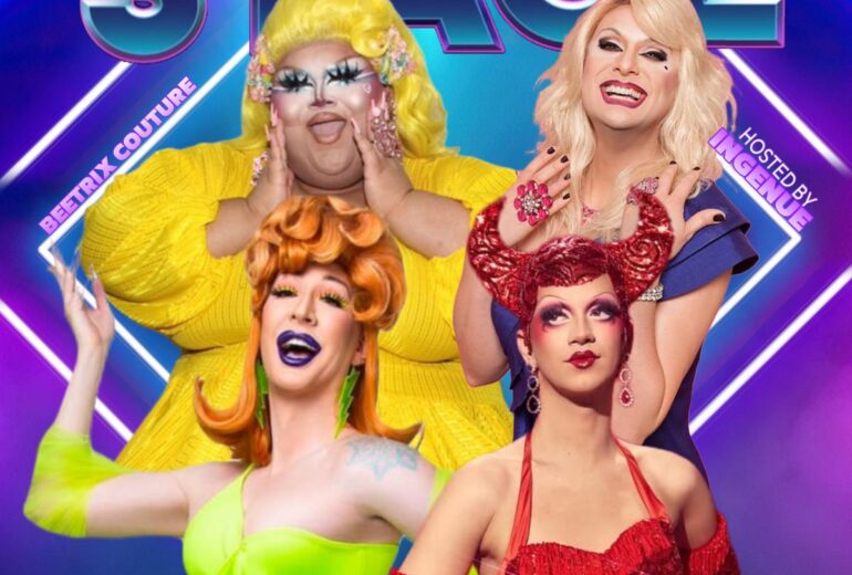 Promotional poster for 'Center Stage' event at Micky’s West Hollywood, showcasing vibrant drag performances by Detox and Suzie Toot in colorful outfits. Event details highlight it as happening on Saturday, May 17, at 8 PM. The backdrop features bright, neon-style text and rays in blue and purple, emphasizing the night's energy.