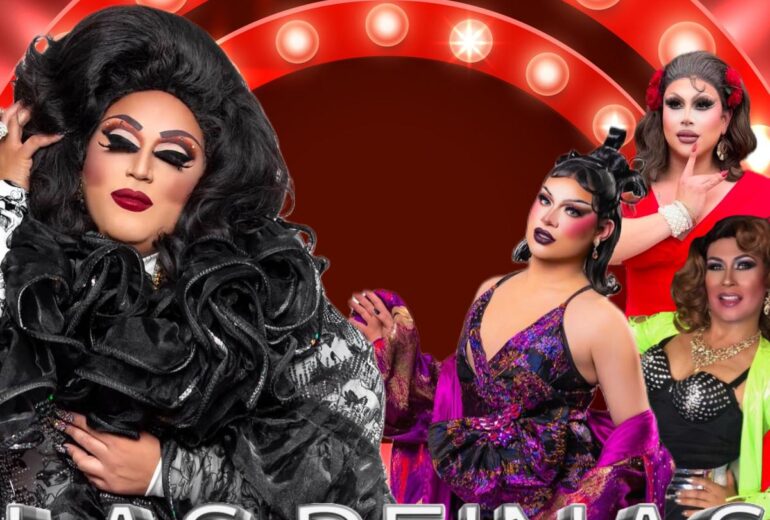 Promotional image for 'Las Reinas Latin Brunch' at Micky’s West Hollywood, highlighting an animated poster with Robbie Osa and drag performers Artz Black, Paradox, and Amazona Aldama in glamorous poses. Event details: Sunday, May 18th at 1 PM...