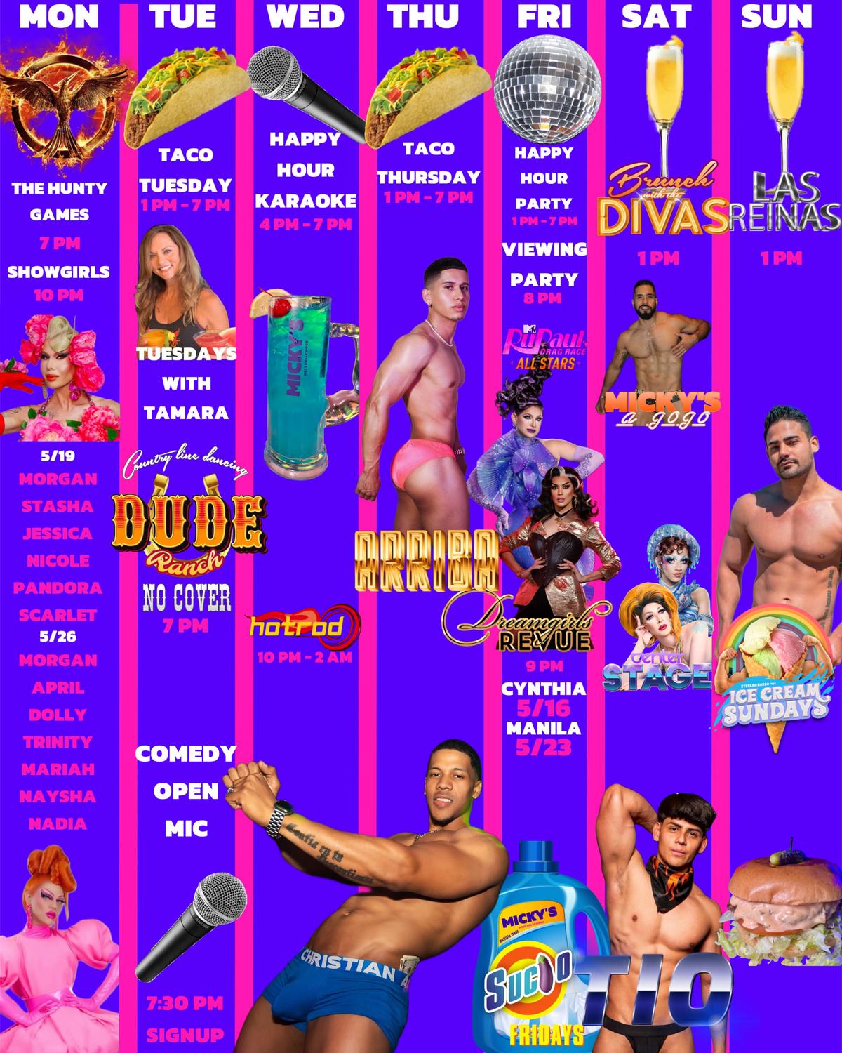 mickys-weho-weekly-events-jpg A vibrant event calendar poster for Micky's West Hollywood showing weekly events including 'Taco Tuesday with Tamara' featuring an image of Tamara with a taco, set against a bright pink background. Details include event time from 1 PM to 7 PM.