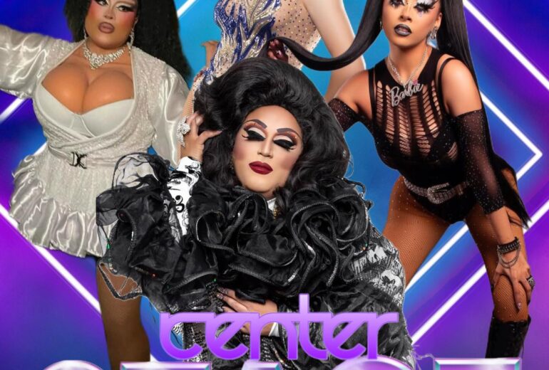 A promotional poster for 'Center Stage' at Micky’s West Hollywood featuring Robbie Osa, Sabbyiana, Coco D Baucherry, and Kiko Couture. The event showcases the performers in glamorous drag attire against a dynamic blue and purple background. Event details specify it will be held on Saturday, May 24, at 8 PM.