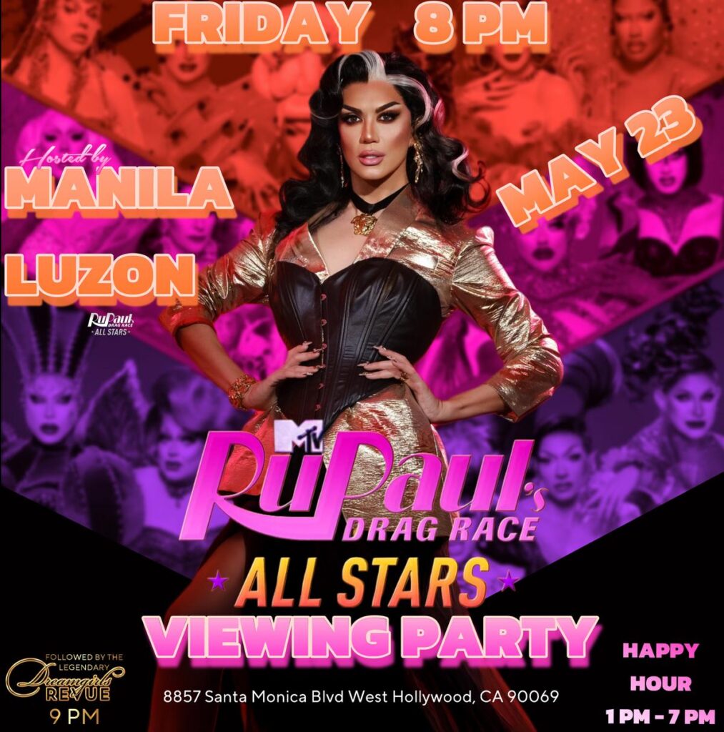 Promotional poster for the 'RuPaul's Drag Race All Stars Viewing Party' on May 23 at Micky's West Hollywood, hosted by Manila Luzon. The background features pink and purple tones with images of drag performers, emphasizing a vibrant and festive atmosphere.