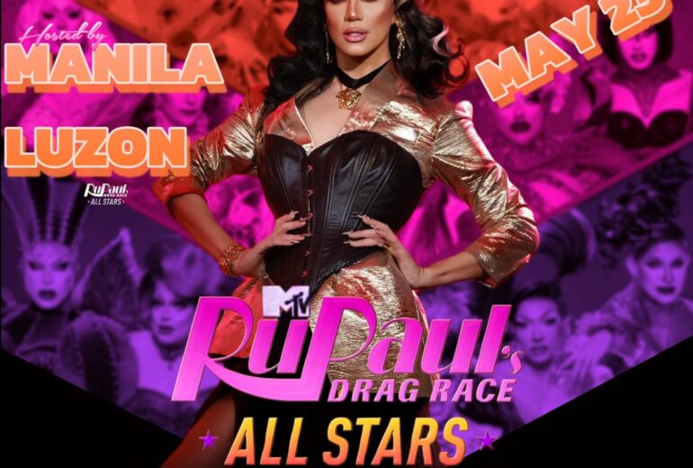 Promotional poster for the 'RuPaul's Drag Race All Stars Viewing Party' on May 23 at Micky's West Hollywood, hosted by Manila Luzon. The background features pink and purple tones with images of drag performers, emphasizing a vibrant and festive atmosphere.